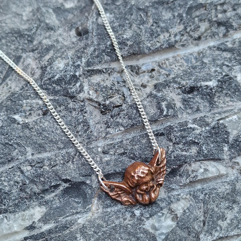 White Boar Forge Gothic Cherub Copper & Sterling Silver Pendant Necklace | Renaissance Cemetery Angel | Dark Romantic Guardian Relic