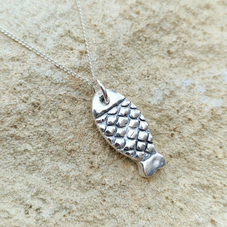 White Boar Forge Naive Folk Art Fish Amulet – Sterling Silver Ancient River Spirit Pendant Necklace