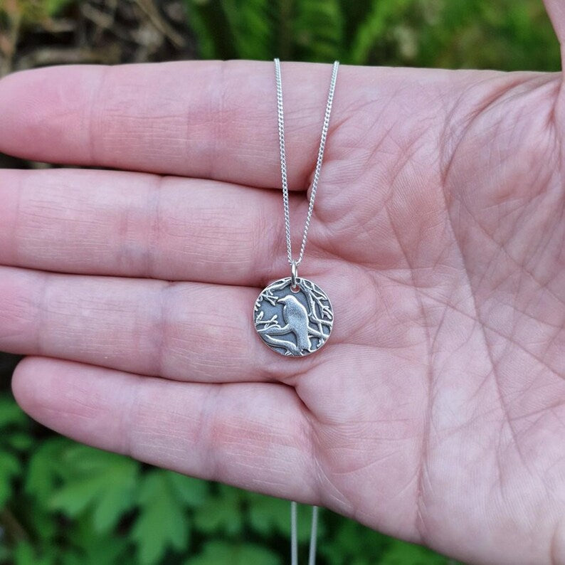 White Boar Forge The Nevermore Sterling Silver Pendant – Raven in the Branches, Edgar Allan Poe Inspired Necklace