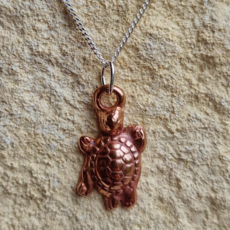 White Boar Forge Tiny Turtle Necklace - Handmade Copper & Sterling Silver Pendant, Sea Turtle Jewellery Gift
