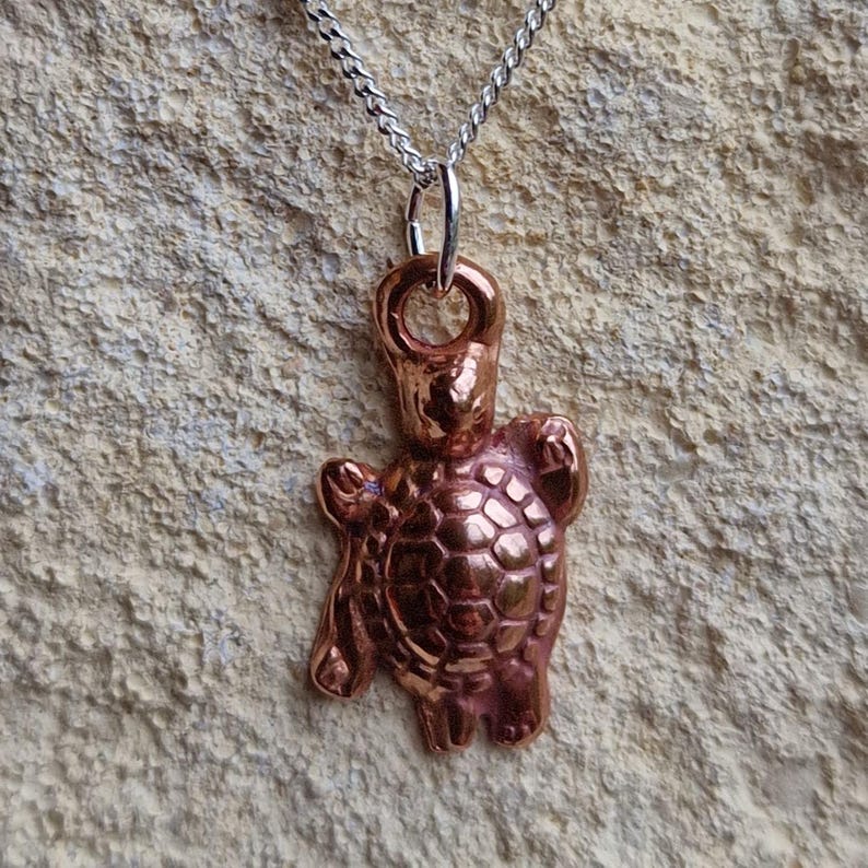 White Boar Forge Tiny Turtle Necklace - Handmade Copper & Sterling Silver Pendant, Sea Turtle Jewellery Gift