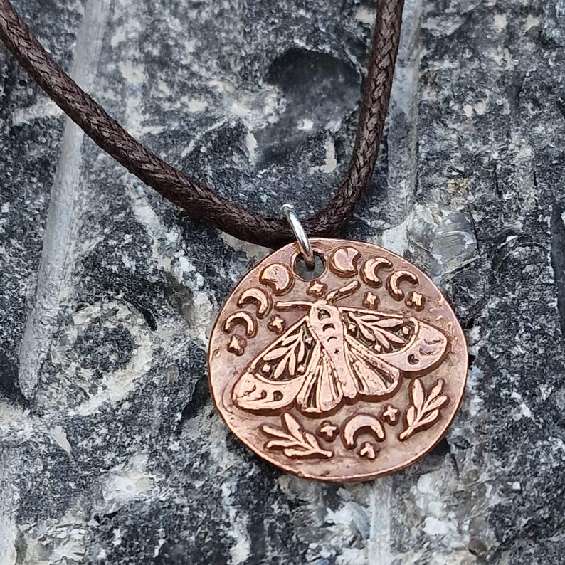 White Boar Forge The Nocturne Moth – Lunar Pendant Handmade Gothic Moon Phase Celestial Necklace in Copper & 925 Sterling Silver