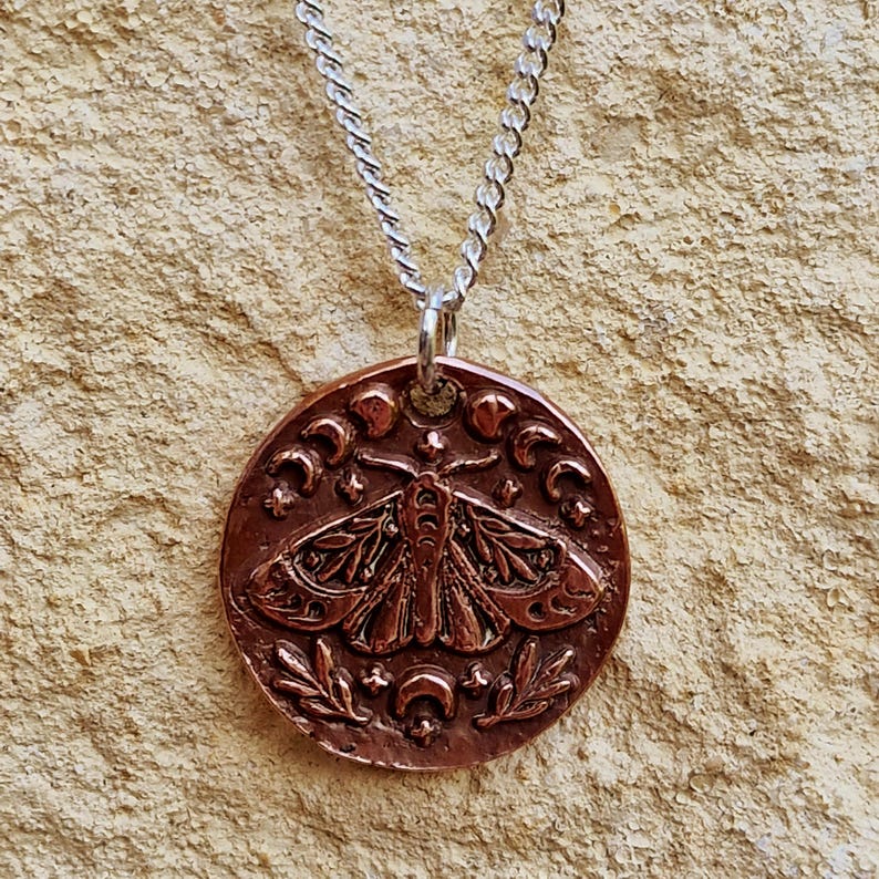 White Boar Forge The Nocturne Moth – Lunar Pendant Handmade Gothic Moon Phase Celestial Necklace in Copper & 925 Sterling Silver