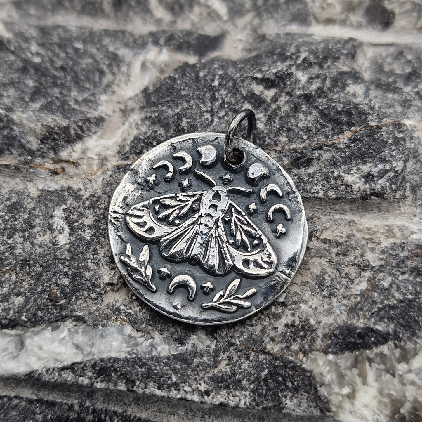 White Boar Forge The Nocturne Moth Lunar Pendant Handmade Gothic Moth & Moon Phase Necklace in 925 Sterling Silver