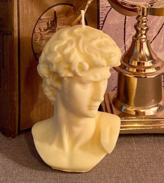 David Renaissance Michelangelo Art Sculpture Large Bust Soy Pastel Yellow Candle Bespoke Scent Free UK Post