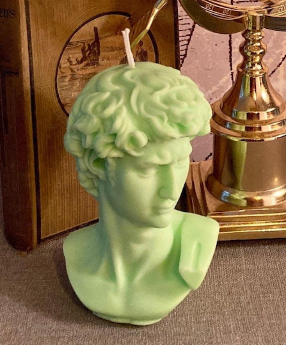 David Renaissance Michelangelo Art Sculpture Large Bust Soy Pastel Green Candle Bespoke Scent Free UK Post