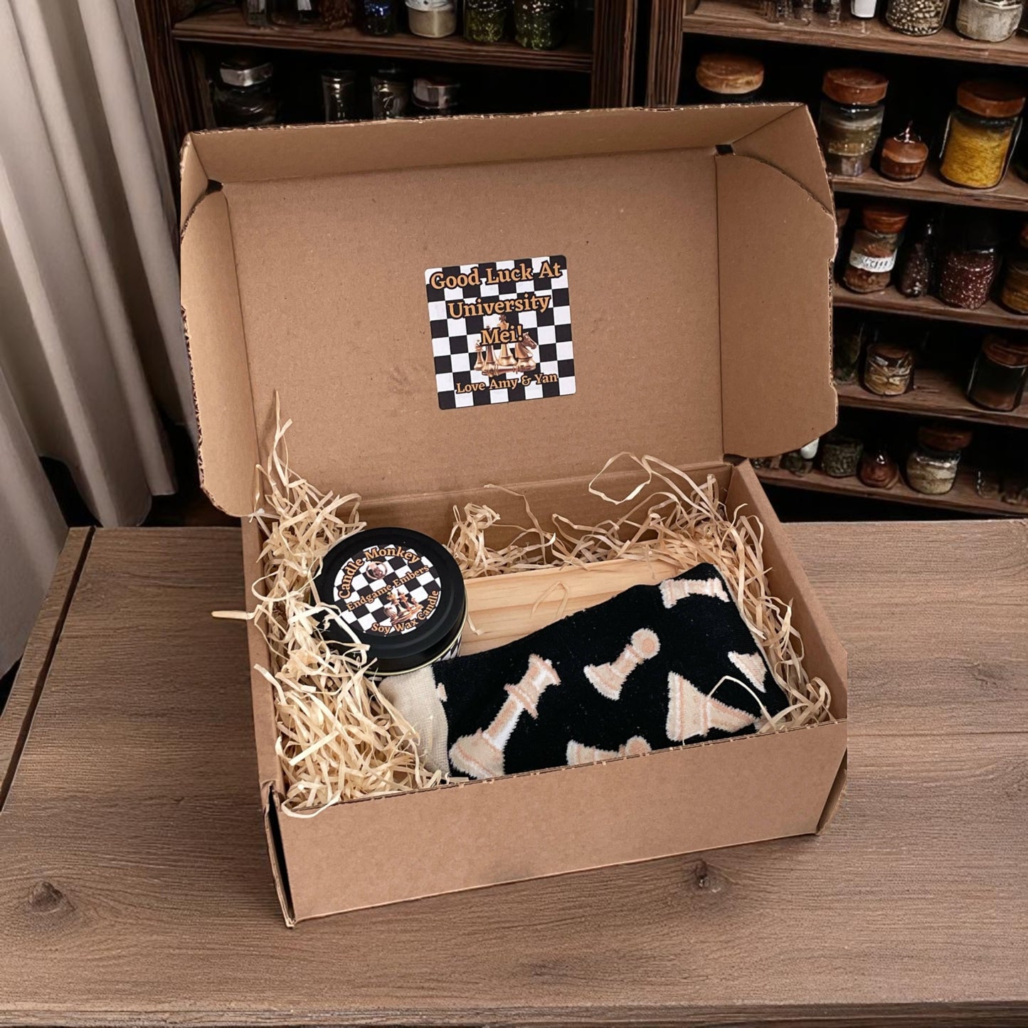 Personalised Chess Gift Set includes Handmade Soy Wax Candle, Wooden Travel Chess and Check Mate Socks Free UK Post