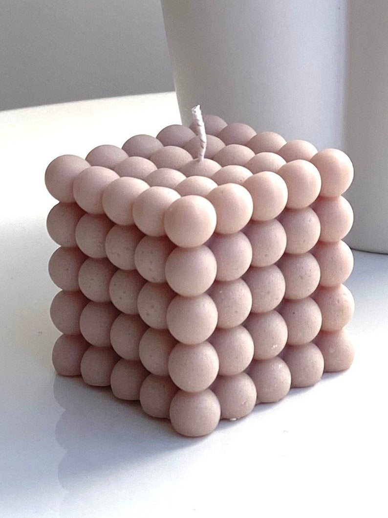 Cluster Bubble Cube Modern Art Sculpture Hand-made Beige 6cm Candle Over 100 Fragrances Free UK Post