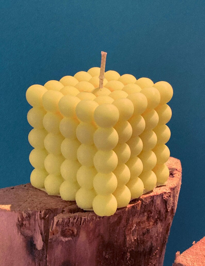 Cluster Bubble Cube Modern Art Sculpture Hand-made Yellow 6cm Candle Over 100 Fragrances Free UK Post