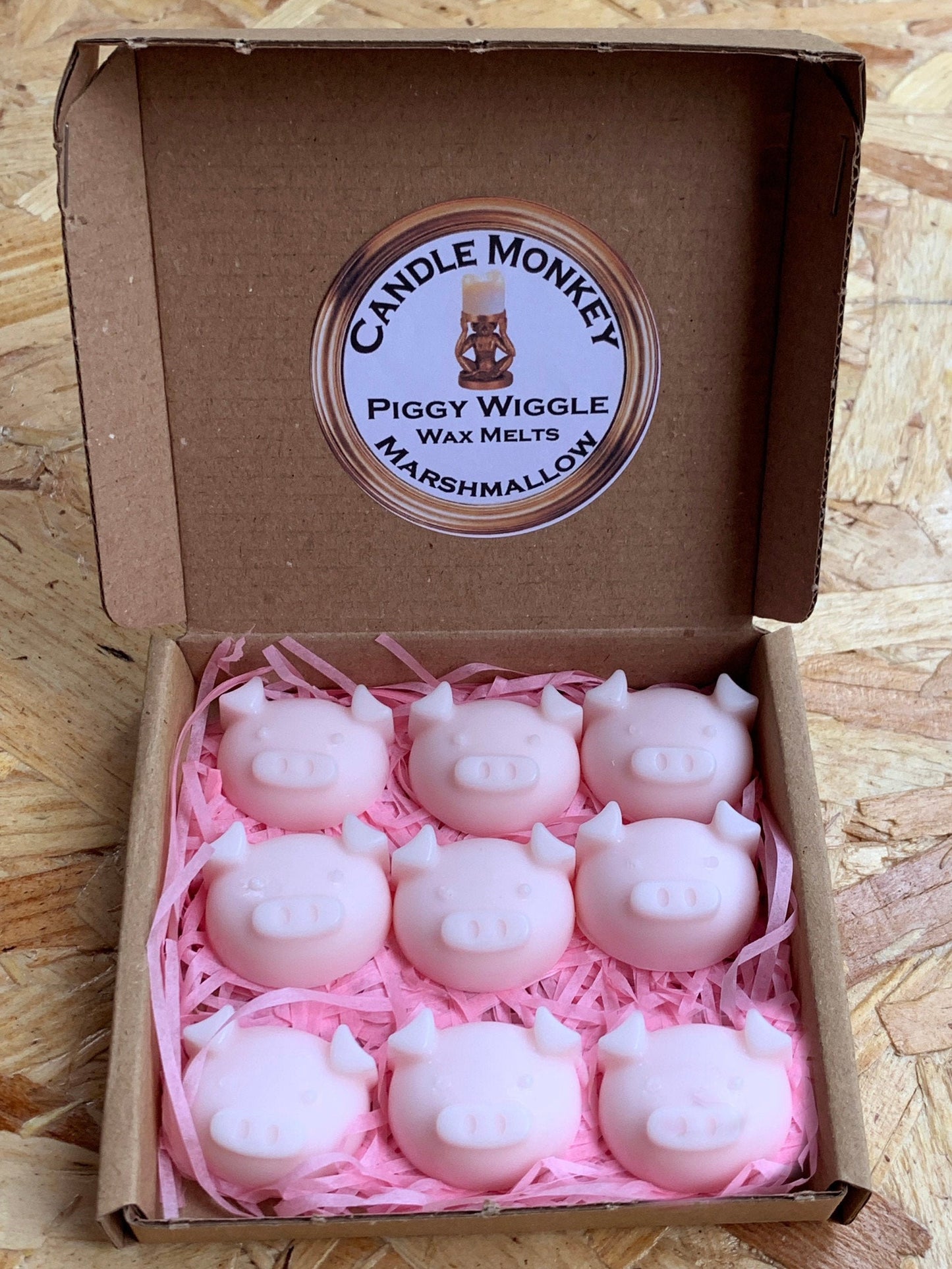 Piggy Wiggle Wax Pig Melts Sweet Box Marshmallow, Milky Bar, Parma Violet &amp; Candy Floss Briefkasten Geschenk Kostenlose UK Post