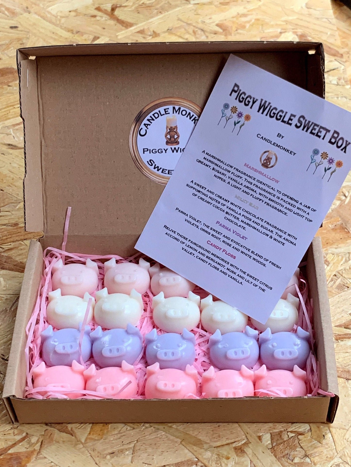 Piggy Wiggle Wax Pig Melts Sweet Box Marshmallow, Milky Bar, Parma Violet &amp; Candy Floss Briefkasten Geschenk Kostenlose UK Post