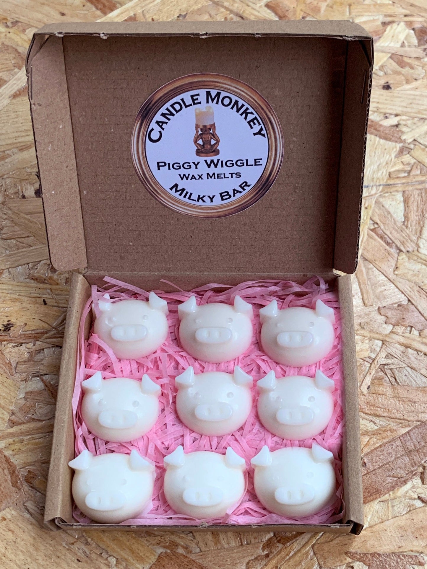 Piggy Wiggle Wax Pig Melts Sweet Box Marshmallow, Milky Bar, Parma Violet &amp; Candy Floss Briefkasten Geschenk Kostenlose UK Post