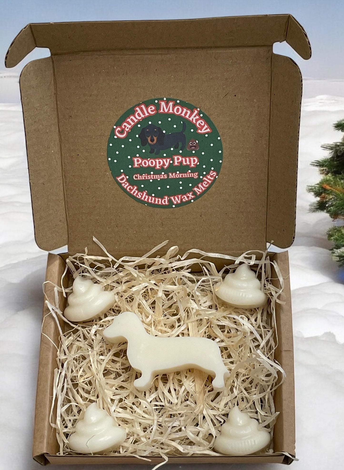 Poopy Pups - Winter Wax Melts Collection Festliche Weihnachtsdüfte mit Dackelmotiv in Geschenkbox. Kostenlose Lieferung innerhalb Großbritanniens.