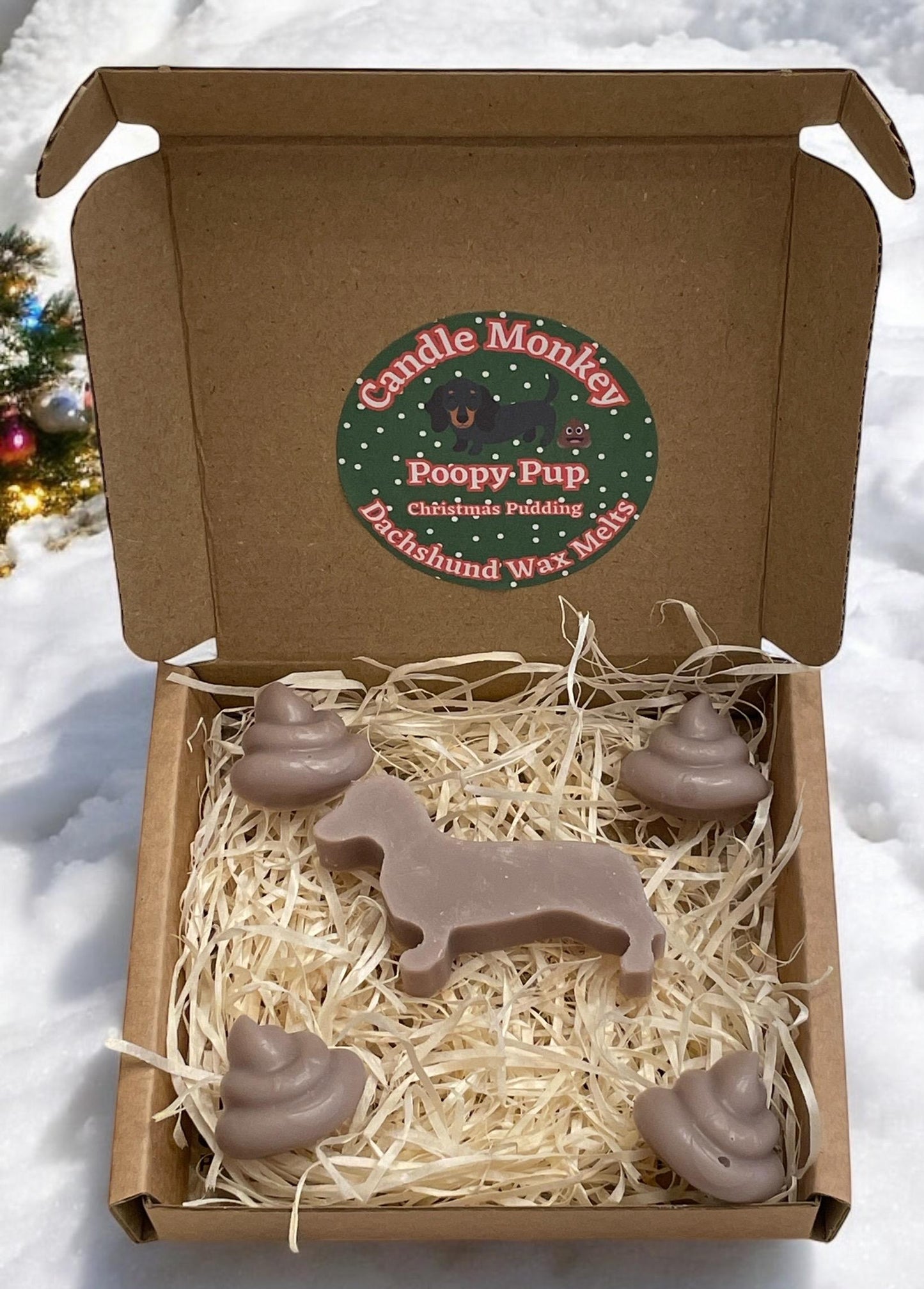 Poopy Pups - Winter Wax Melts Collection Festliche Weihnachtsdüfte mit Dackelmotiv in Geschenkbox. Kostenlose Lieferung innerhalb Großbritanniens.