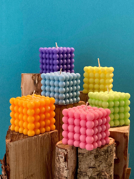 Freshly Made Cluster Bubble Cube Soy Blend Candle, Infuse Your Space with Your Signature Scent & Vibrant Colour Choice with Free UK Delivery.