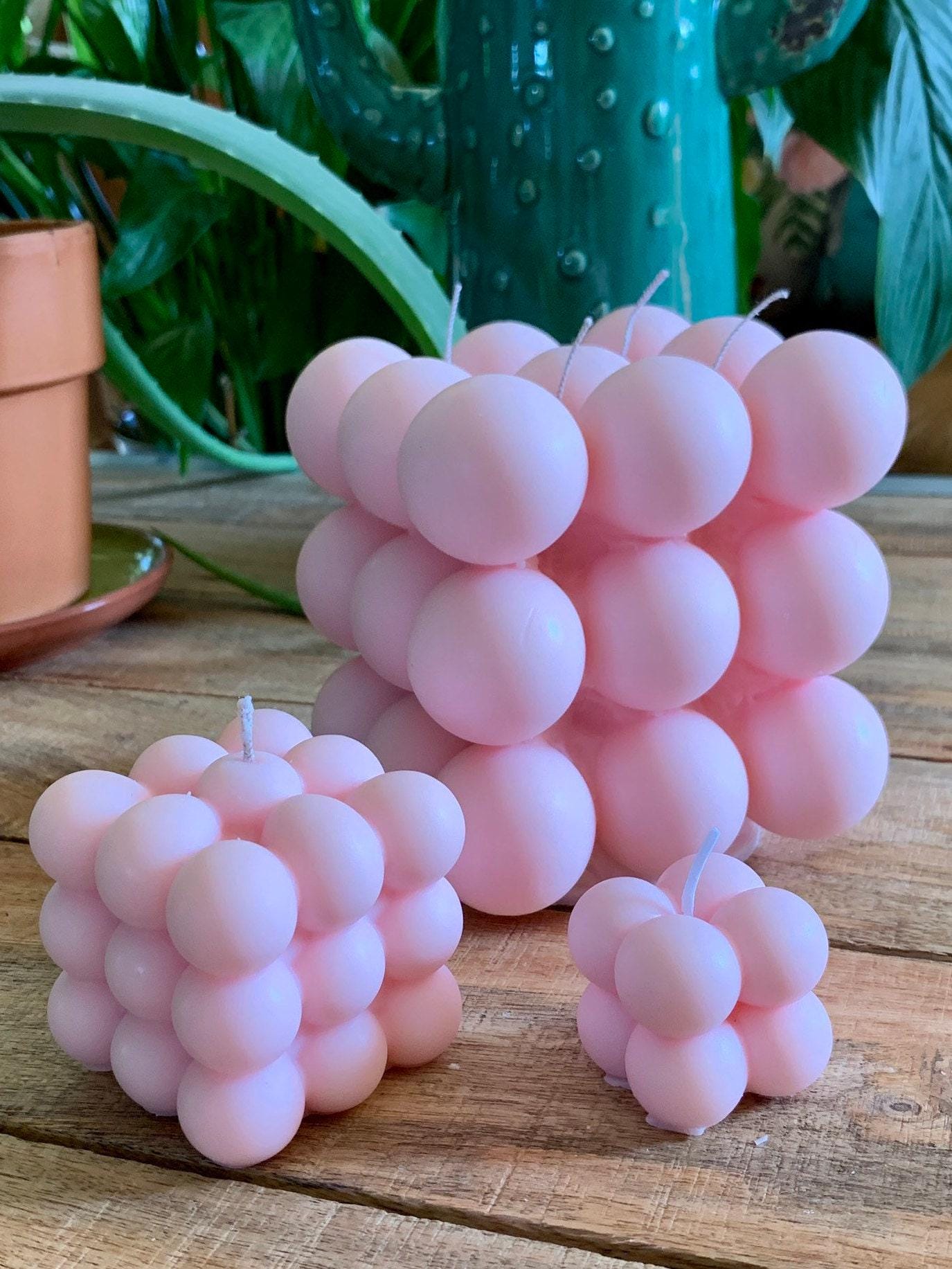 Hand Made Super Size Pink Bubble Huge 12cm Cube Soy Blend Table Centre Statement Candle Free Post To UK