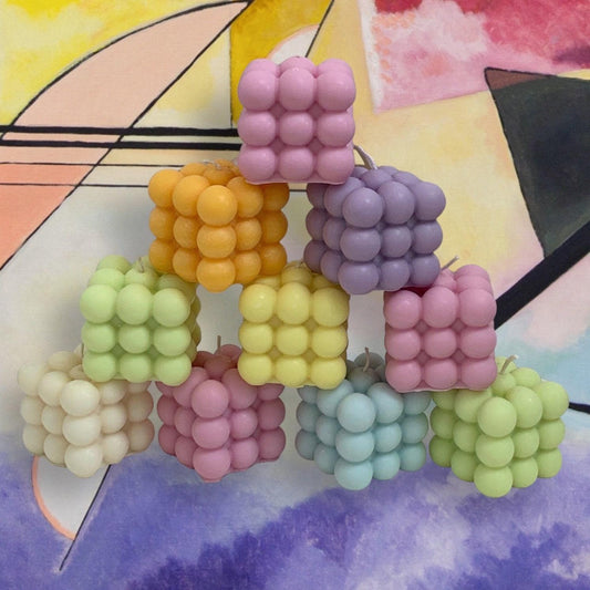 Soft Pastel Or Brightly Coloured 6cm Soy Blend Bubble Cube Candle, Hand-Poured And Infused with Your Dream Scent. Free UK Postage.