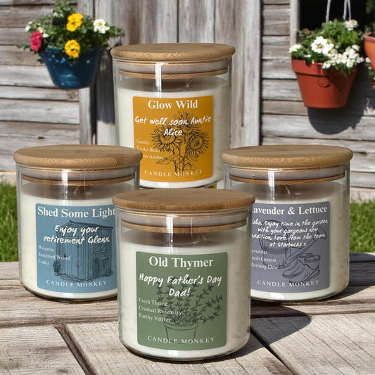 Gardeners Allotment Gift | Personalised Candle Shed Some Light | Old Thymer | Glow Wild | Lavender and Lettuce 40-Hour | 475g
