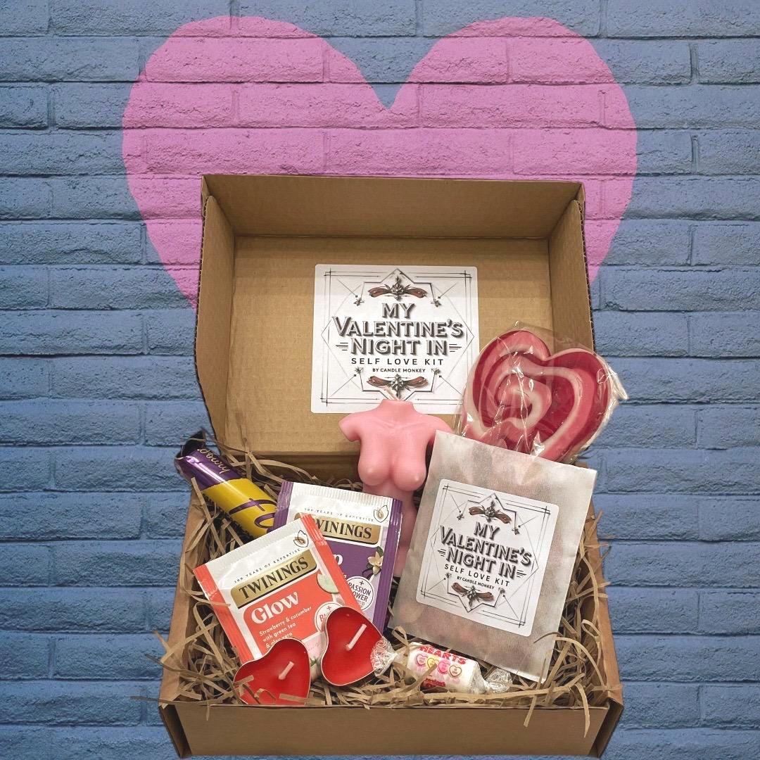 My Valentine's Night In, Self Love Kit Goddess Soy Candle Gift Hamper with Sweet Treats For You Or A Friend Free UK Delivery