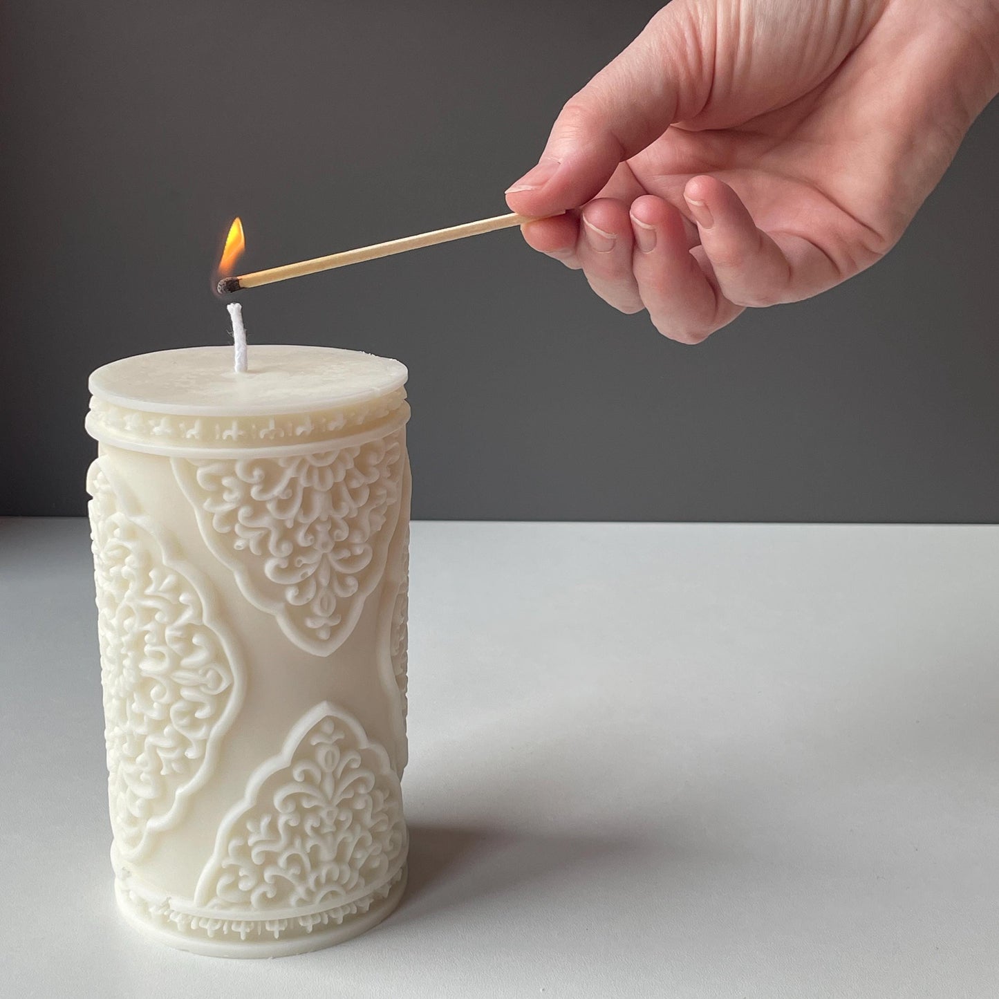 Arabesque Large Relief Pillar Candle | Soy Wax Handmade in Leicestershire Free Post To UK