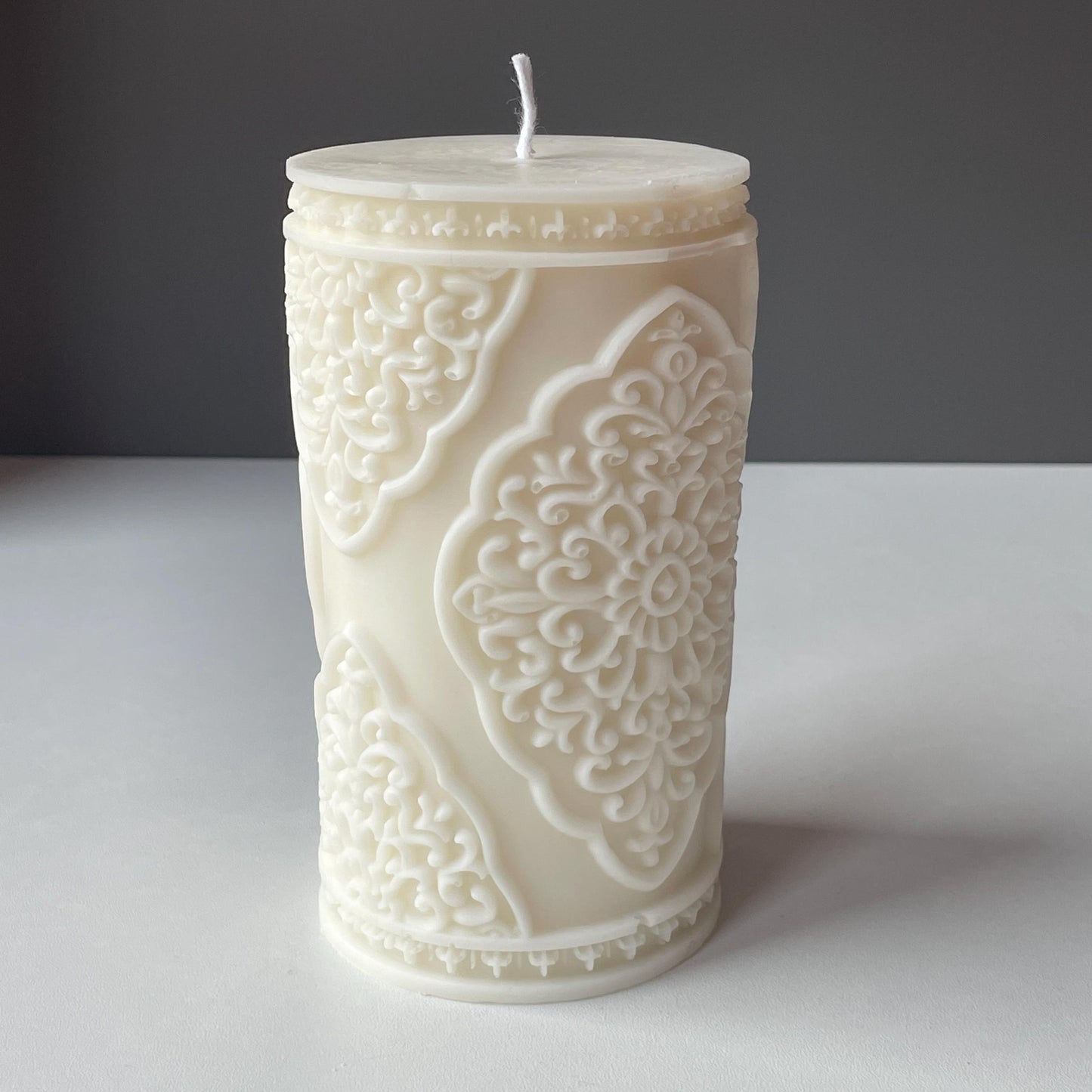Arabesque Large Relief Pillar Candle | Soy Wax Handmade in Leicestershire Free Post To UK