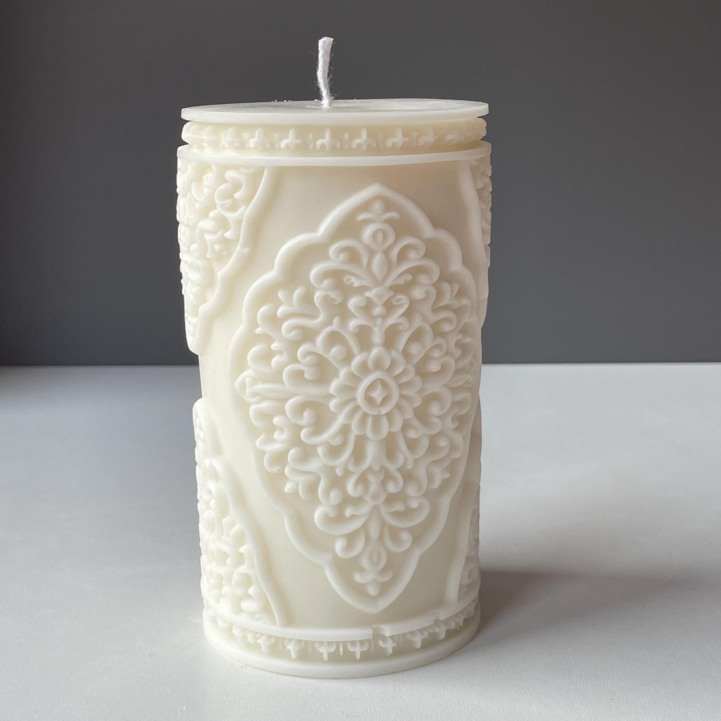 Arabesque Large Relief Pillar Candle | Soy Wax Handmade in Leicestershire Free Post To UK