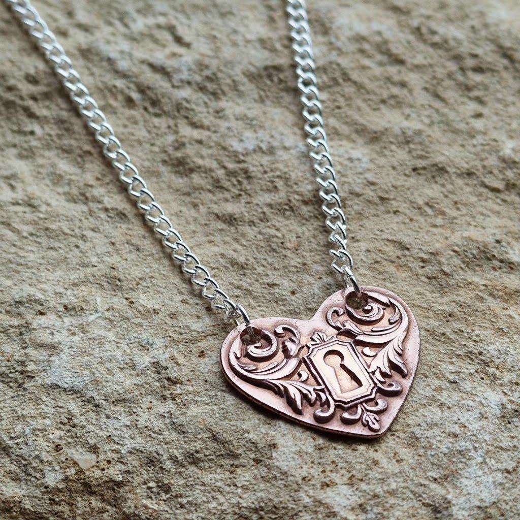 White Boar Forge Victorian Heart Key Pendant – Handmade Pure Copper & Sterling Silver Heart Necklace, Love Token Jewellery