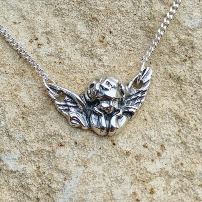 White Boar Forge Gothic Cherub Sterling Silver Pendant Necklace | Renaissance Cemetery Angel | Dark Romantic Guardian Relic