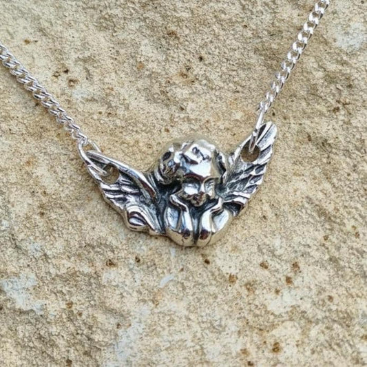White Boar Forge Gothic Cherub Sterling Silver Pendant Necklace | Renaissance Cemetery Angel | Dark Romantic Guardian Relic