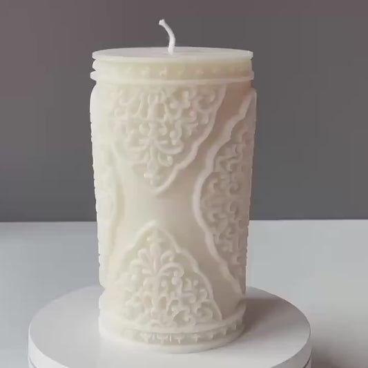 Arabesque Large Relief Pillar Candle | Soy Wax Handmade in Leicestershire Free Post To UK