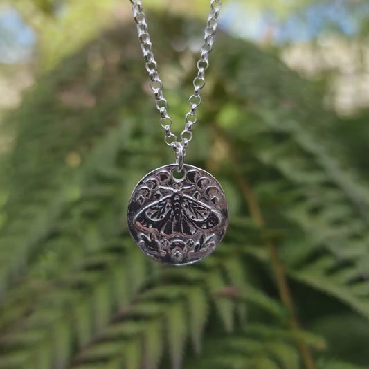 The Nocturne Moth Lunar Pendant Handmade Gothic Moth & Moon Phase Necklace Sterling Silver, Copper Or Bronze